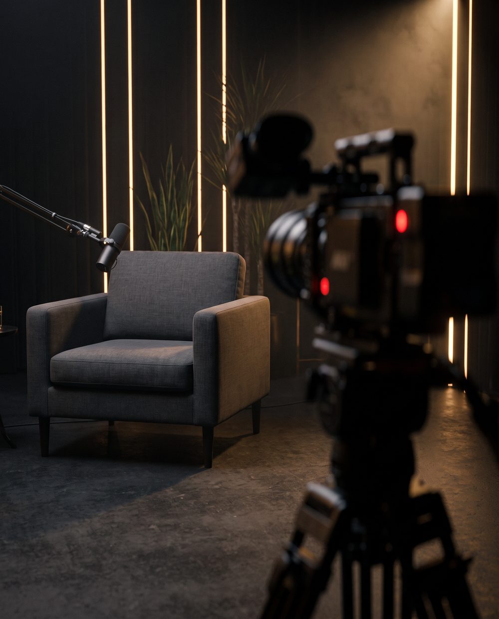 A camera with its red recording light on, aimed at an empty chair on the Lockbreaker set.